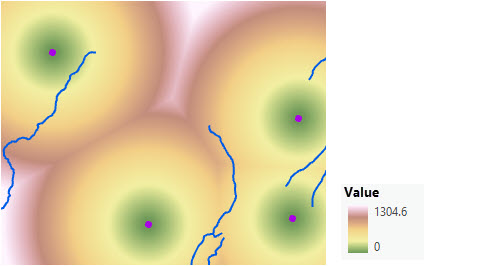 Map of straight-line distance from four points Map of straight-line distance from four points